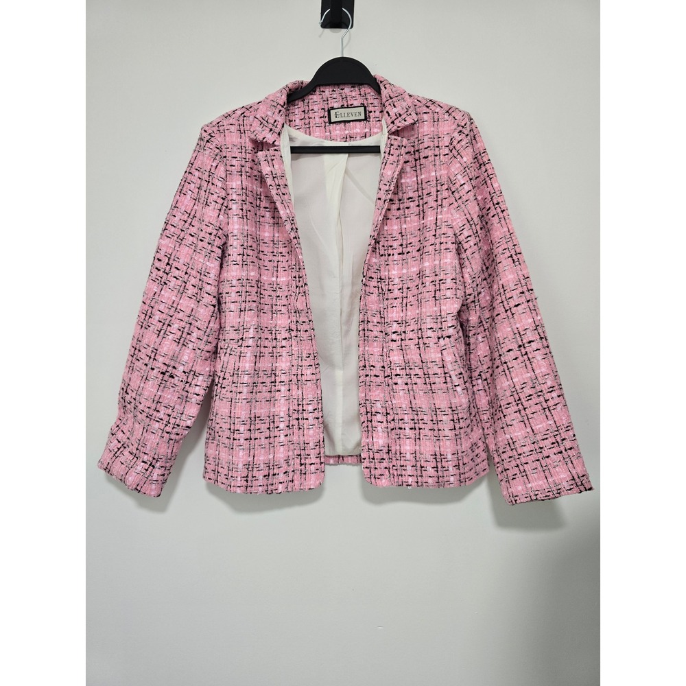 Elleven Tweed Blazer Women Size M Pink Open Front Workwear Office Preppy